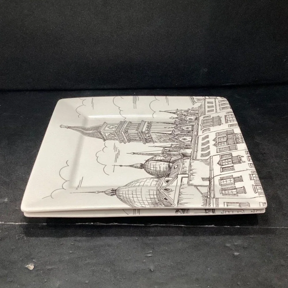 222 Fifth City Scenes Salad Plates, Set of 2, Vintage Square Dishes, Tableware